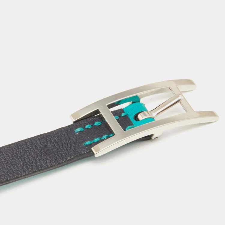 Pre Owned Hermes Green and Black Leather Behapi Reversible Double Tour Bracelet S