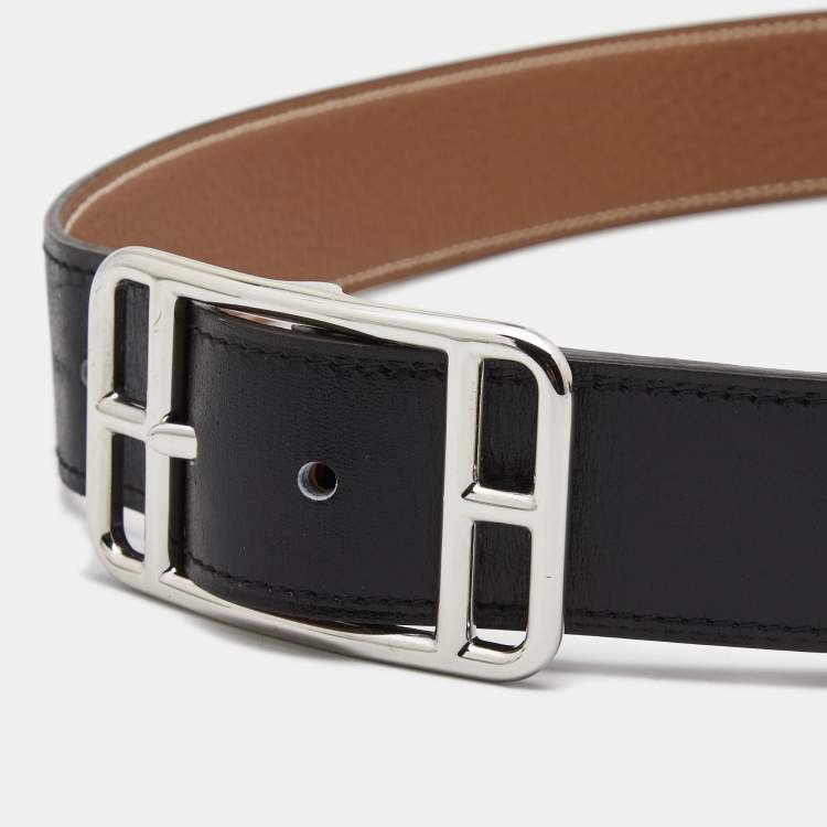 Pre Owned Hermes Black/Gold Box and Togo Leather Cape Cod Reversible Belt 85CM
