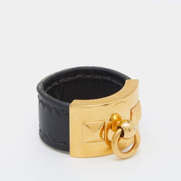 Pre Owned Hermès Collier de Chien Gold Plated Black Leather Band Ring Size EU 57