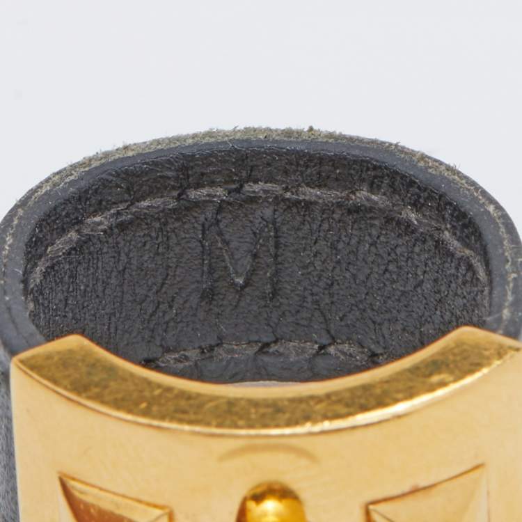 Pre Owned Hermès Collier de Chien Gold Plated Black Leather Band Ring Size EU 57