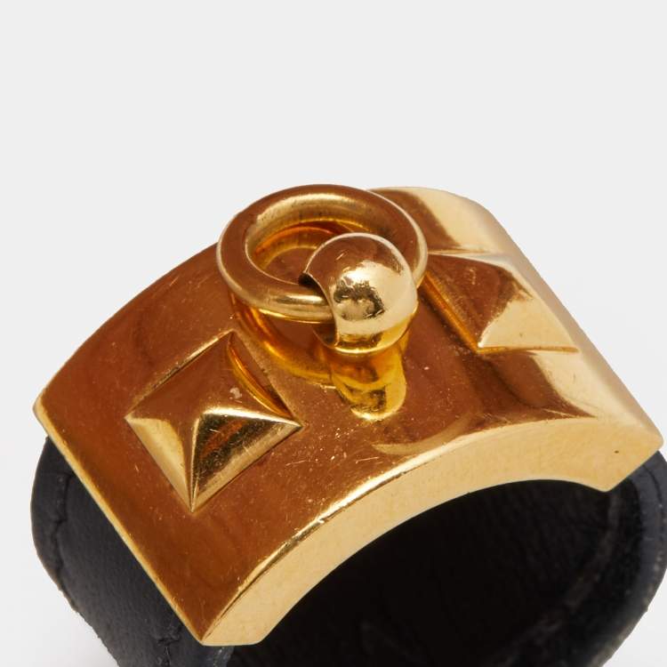 Pre Owned Hermès Collier de Chien Gold Plated Black Leather Band Ring Size EU 57