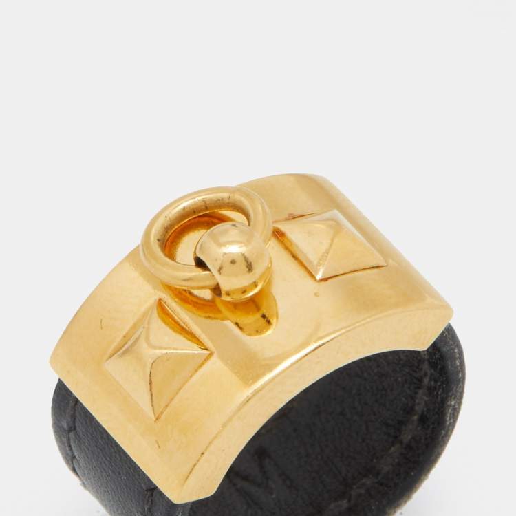 Pre Owned Hermès Collier de Chien Gold Plated Black Leather Band Ring Size EU 57
