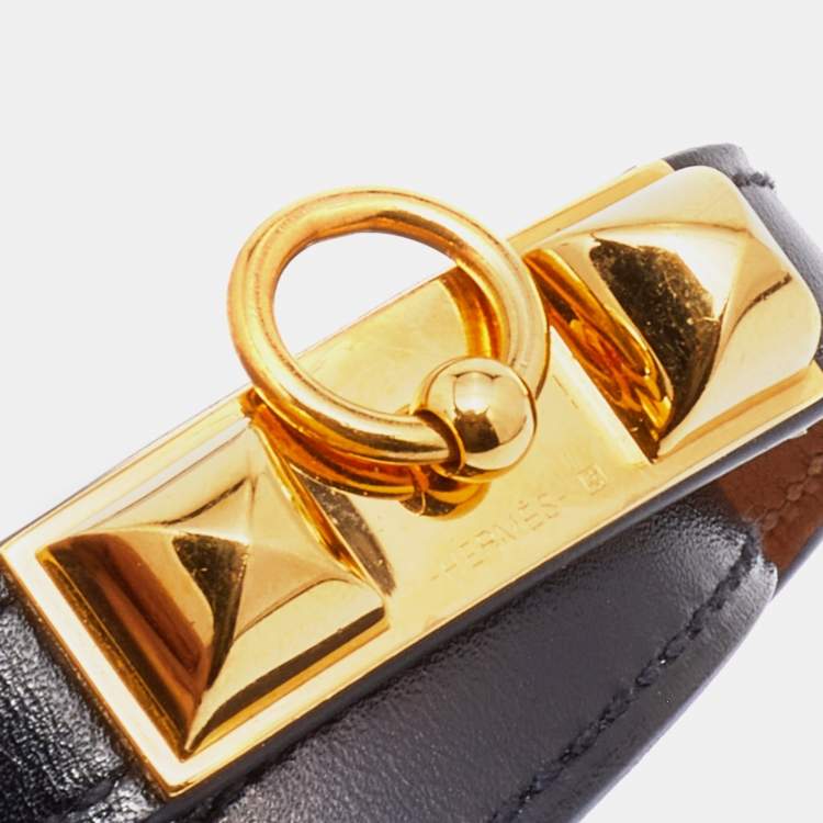 Pre Owned Hermès Black Leather Gold Plated Rivale Double Tour Bracelet S