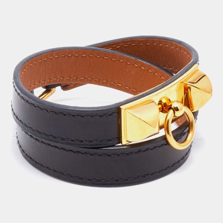 Pre Owned Hermès Black Leather Gold Plated Rivale Double Tour Bracelet S