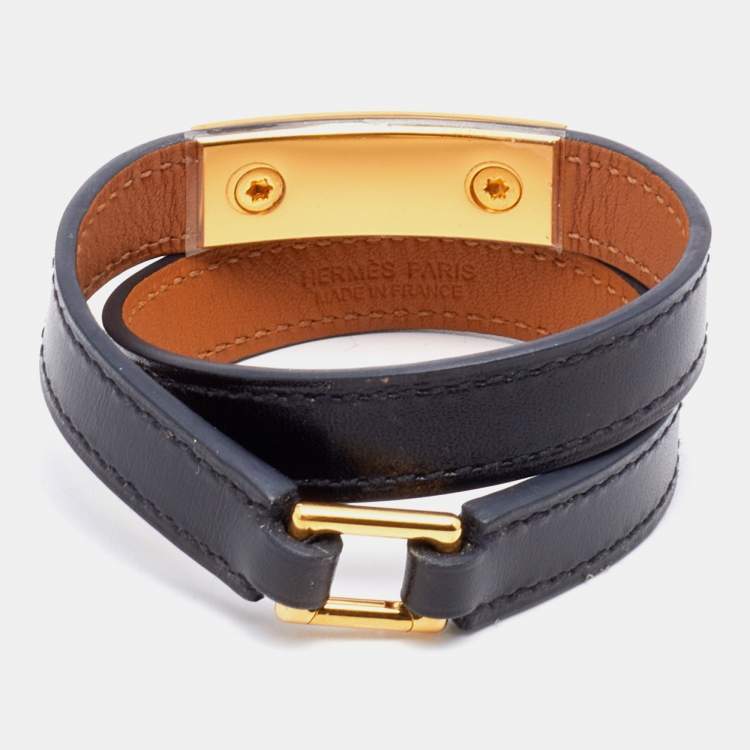 Pre Owned Hermès Black Leather Gold Plated Rivale Double Tour Bracelet S