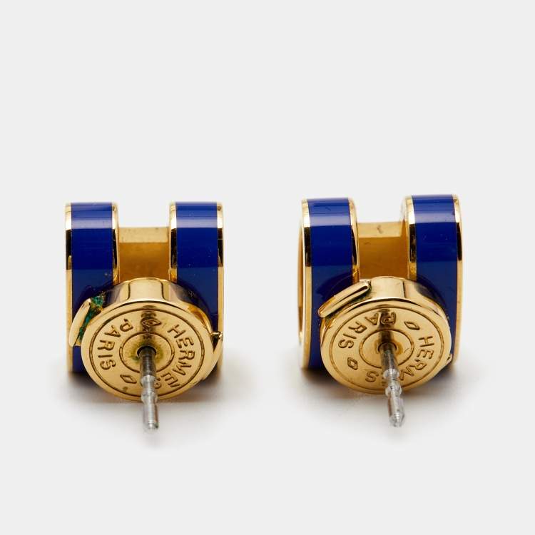 Pre Owned Hermès Mini Pop H Blue Lacquered Gold Plated Stud Earrings