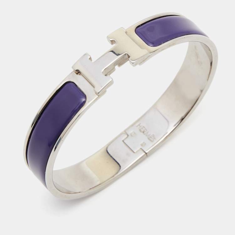 Pre Owned Hermes Clic H Purple Enamel Palladium Plated Bracelet 
