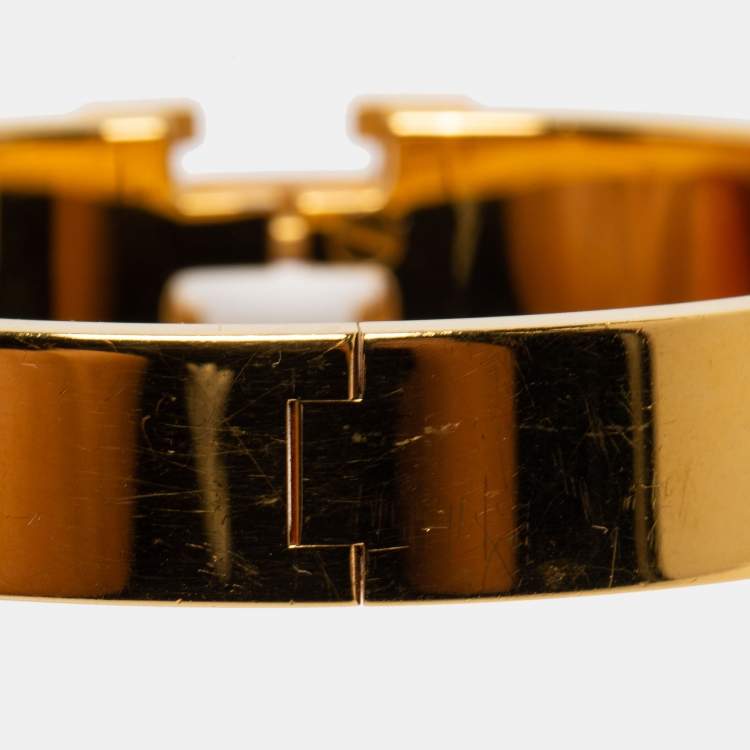 Pre Owned Hermès Clic H Orange Enamel Gold Plated Narrow Bracelet