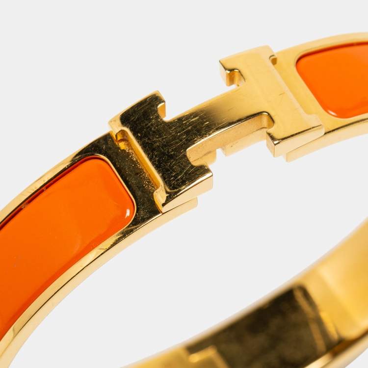 Pre Owned Hermès Clic H Orange Enamel Gold Plated Narrow Bracelet