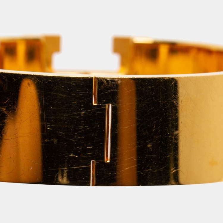 Pre Owned Hermès Clic Clac H Pink Enamel Gold Plated Wide Bracelet