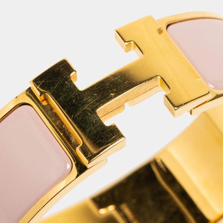 Pre Owned Hermès Clic Clac H Pink Enamel Gold Plated Wide Bracelet