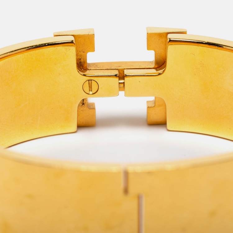 Pre Owned Hermès Clic Clac H Pink Enamel Gold Plated Wide Bracelet
