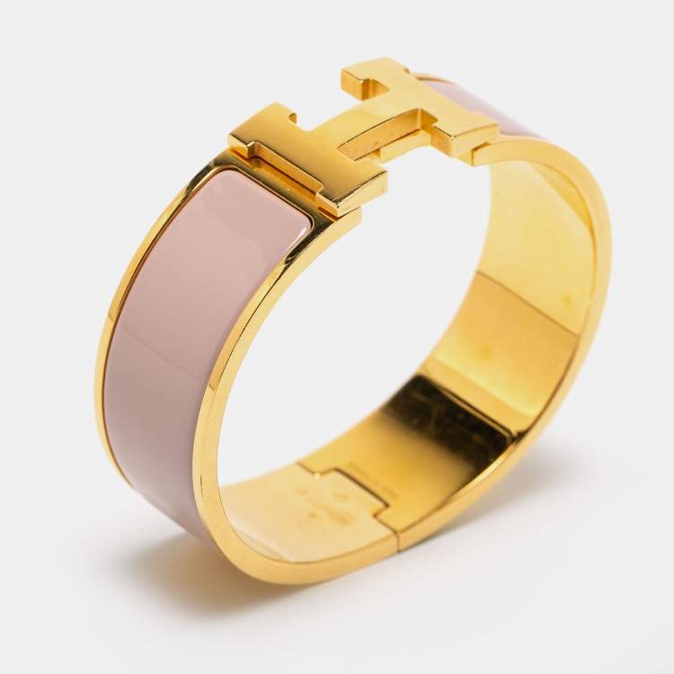 Pre Owned Hermès Clic Clac H Pink Enamel Gold Plated Wide Bracelet
