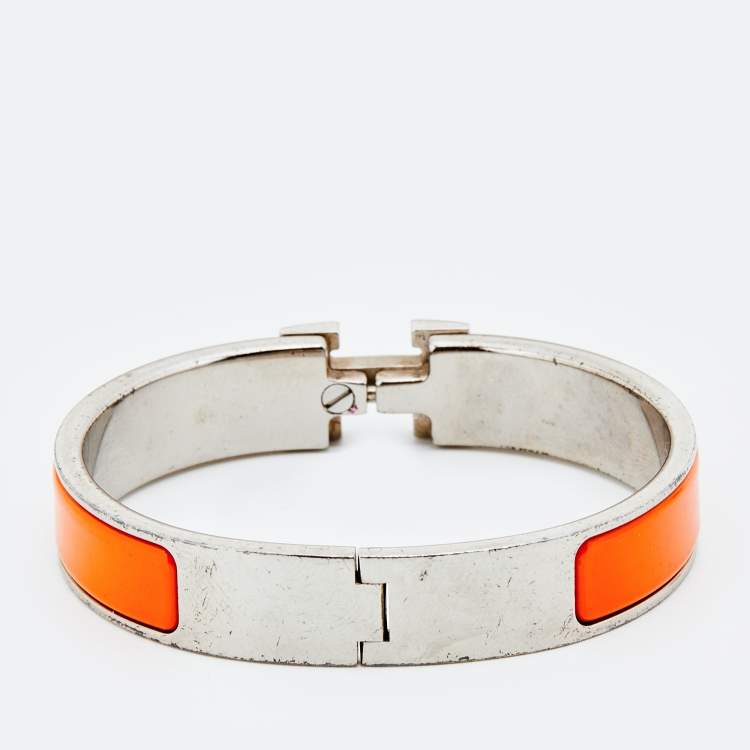 مملوكة مسبقًا Hermes Clic H Orange Enamel Palladium Plated Narrow Bracelet