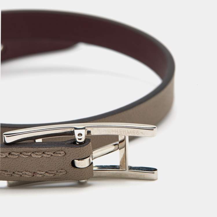 Pre Owned Hermès  Taupe/Burgundy Leather Reversible Behapi Double Tour Bracelet