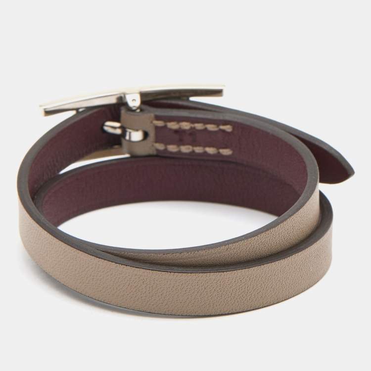 Pre Owned Hermès  Taupe/Burgundy Leather Reversible Behapi Double Tour Bracelet
