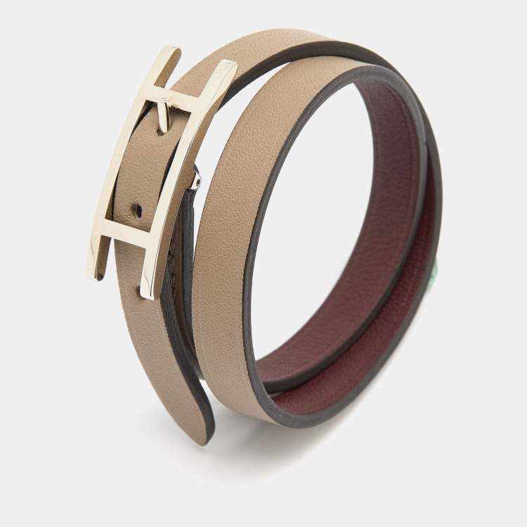 Pre Owned Hermès  Taupe/Burgundy Leather Reversible Behapi Double Tour Bracelet