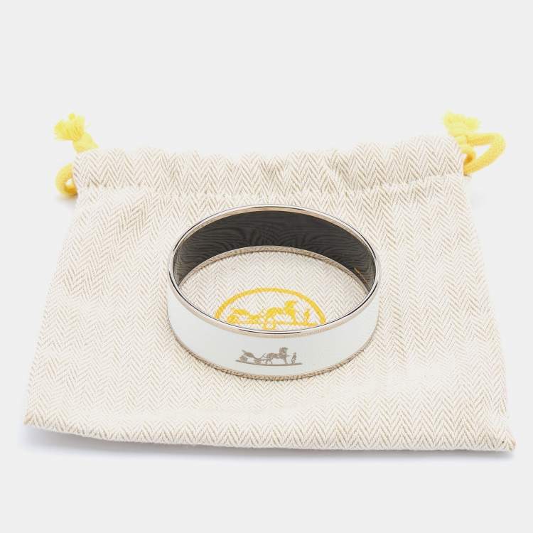 Pre Owned Hermes White Enamel Print Palladium Plated Caleche Bangle Bracelet