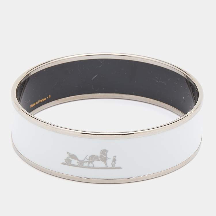 Pre Owned Hermes White Enamel Print Palladium Plated Caleche Bangle Bracelet