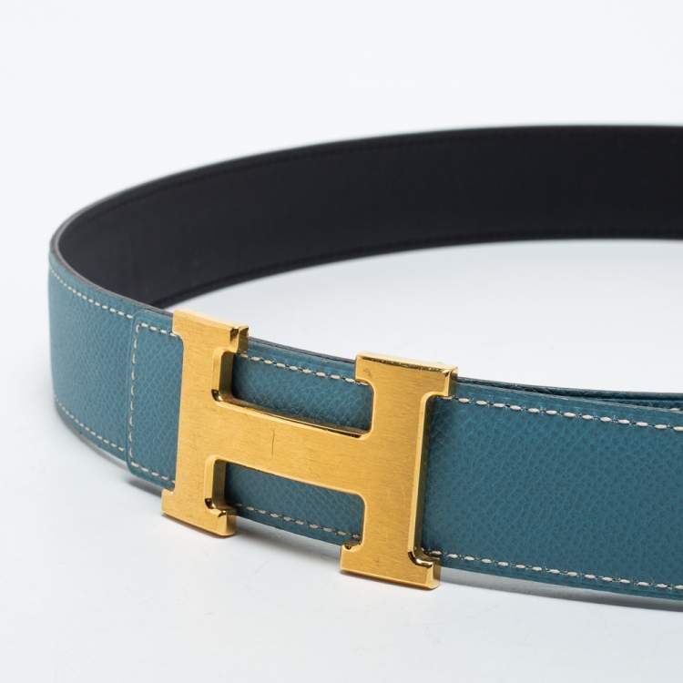 Pre Owned Hermes Blue Jean/Black Swift and Epsom Leather H Buckle Reversible Belt 85CM