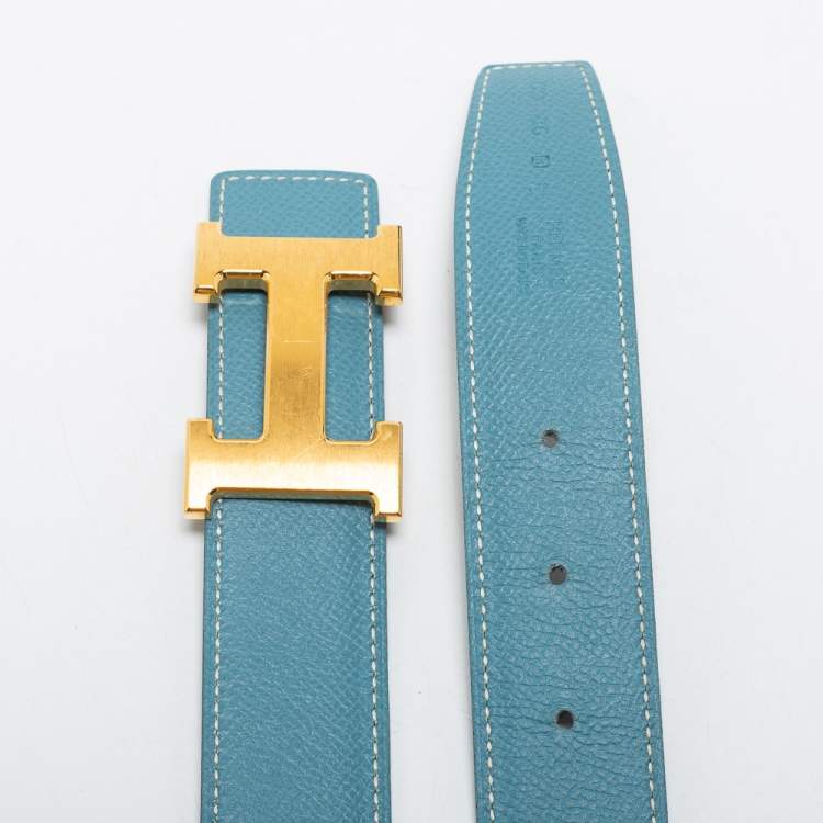 Pre Owned Hermes Blue Jean/Black Swift and Epsom Leather H Buckle Reversible Belt 85CM