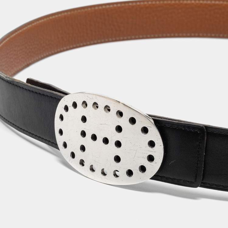 Pre Owned Hermes Gold/Black Box and Clemence Leather Mirage Reversible Belt 85CM