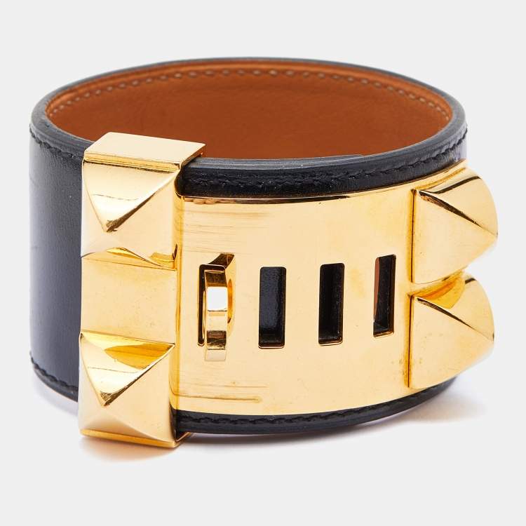 Pre Owned Hermès Black Leather Collier de Chien Cuff Bracelet S