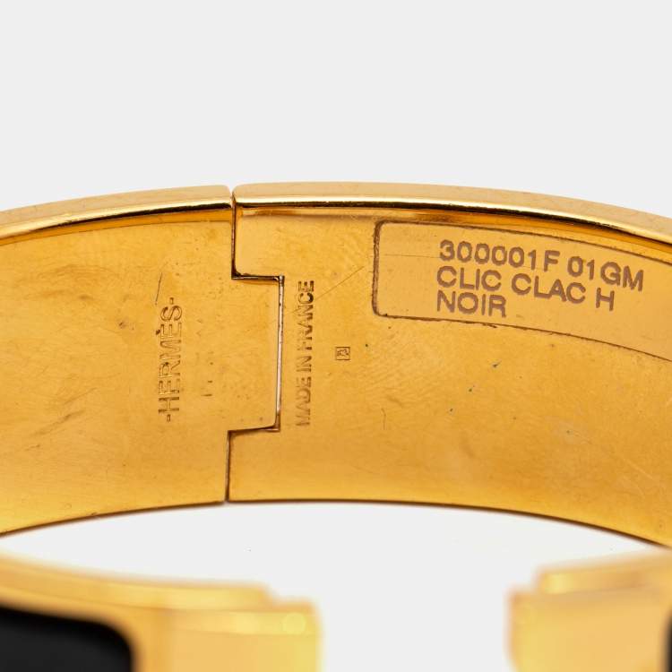 Pre Owned Hermès Clic Clac H Black Enamel Gold Plated Wide Bracelet