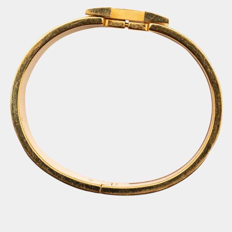 Pre Owned Hermès Clic Clac H Black Enamel Gold Plated Wide Bracelet