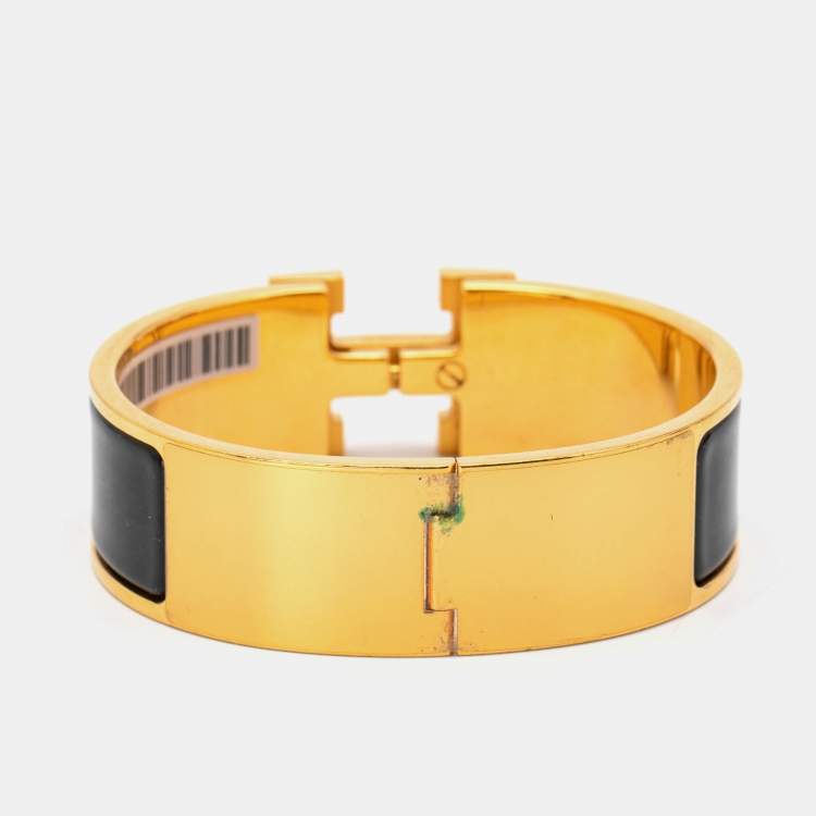 Pre Owned Hermès Clic Clac H Black Enamel Gold Plated Wide Bracelet