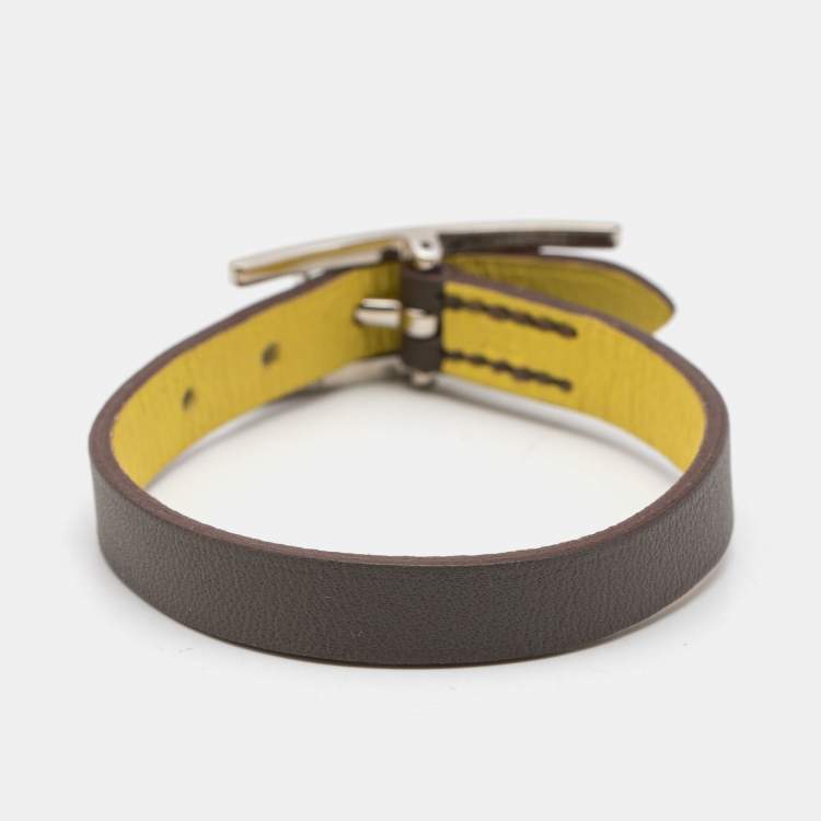 Pre Owned Hermes Behapi Bi-color Leather Palladium Plated Reversible Bracelet XS