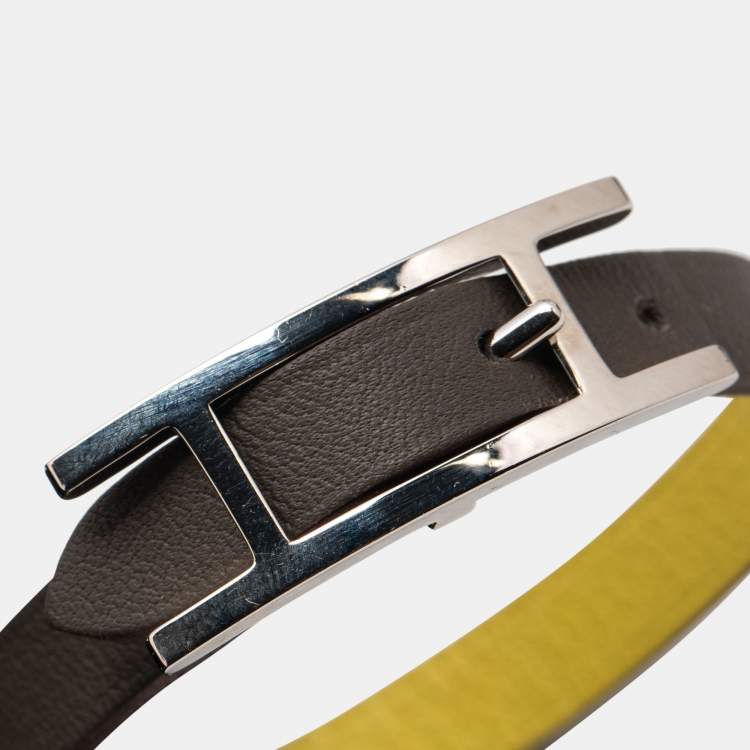 Pre Owned Hermes Behapi Bi-color Leather Palladium Plated Reversible Bracelet XS