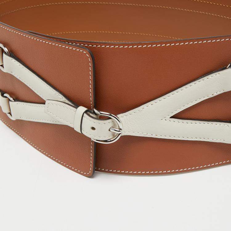 Pre Owned Hermes Tan/White Leather Waist Belt Size 75CM