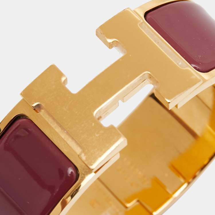 Pre Owned Hermès Clic Clac H Pink Enamel Gold Plated Wide Bracelet