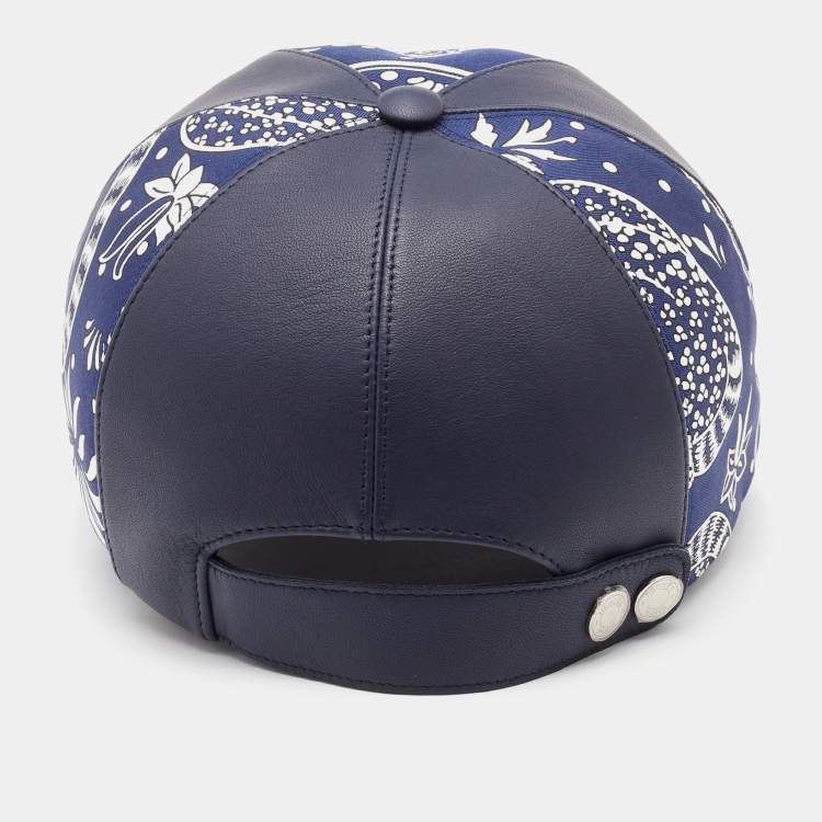 Pre Owned Herms Navy Blue Leather & Thelma Les Leopards Silk Baseball Cap 57