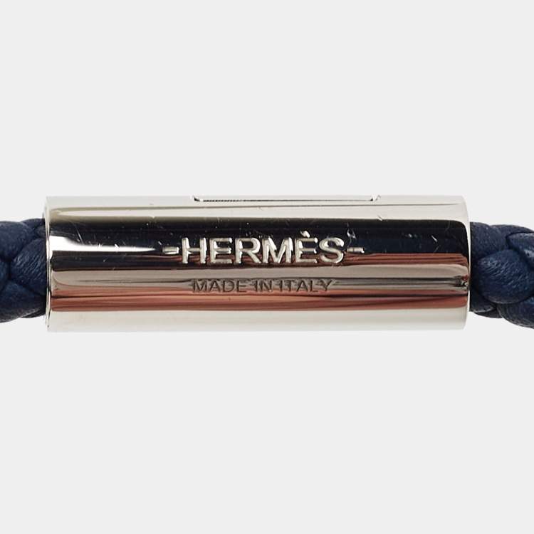 Pre Owned Hermès Goliath Blue Leather Palladium Plated Bracelet