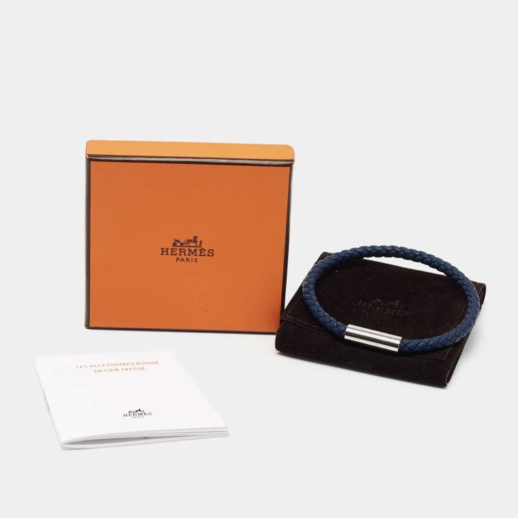 Pre Owned Hermès Goliath Blue Leather Palladium Plated Bracelet