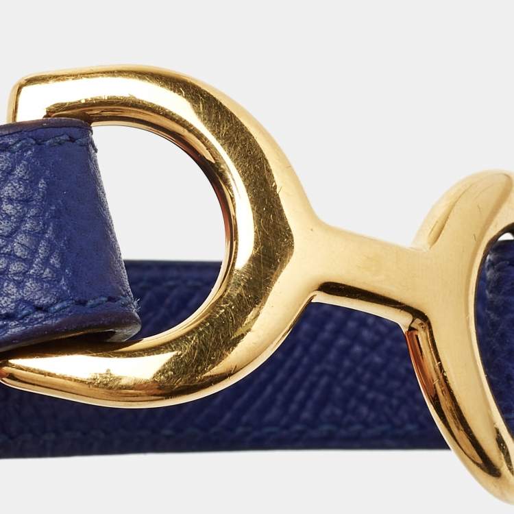 Pre Owned Hermes Pavane Blue Leather Gold Plated Metal Bracelet