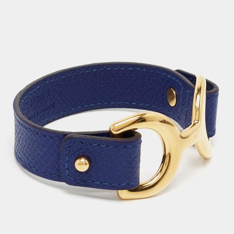 Pre Owned Hermes Pavane Blue Leather Gold Plated Metal Bracelet