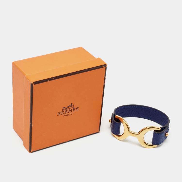 Pre Owned Hermes Pavane Blue Leather Gold Plated Metal Bracelet