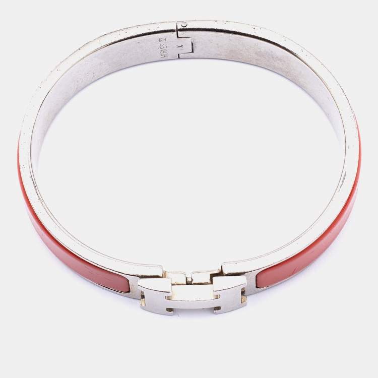 Pre Owned Hermes Orange Enamel Palladium Plated Clic Clac H Bracelet