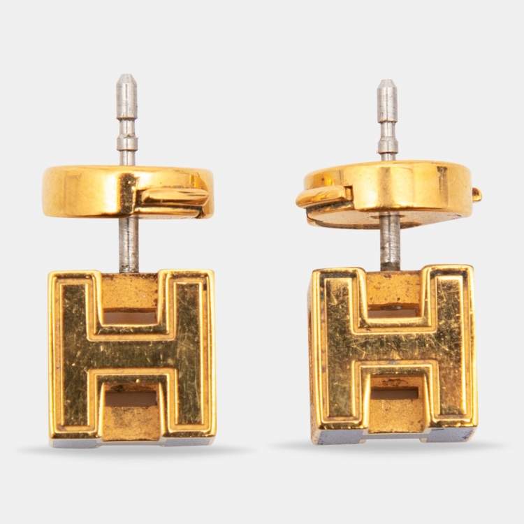 Pre Owned Hermes Cage d'H Enamel Gold Plated Stud Earrings