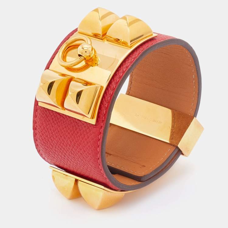 Pre Owned Hermès Red Leather Collier de Chien Cuff Bracelet S
