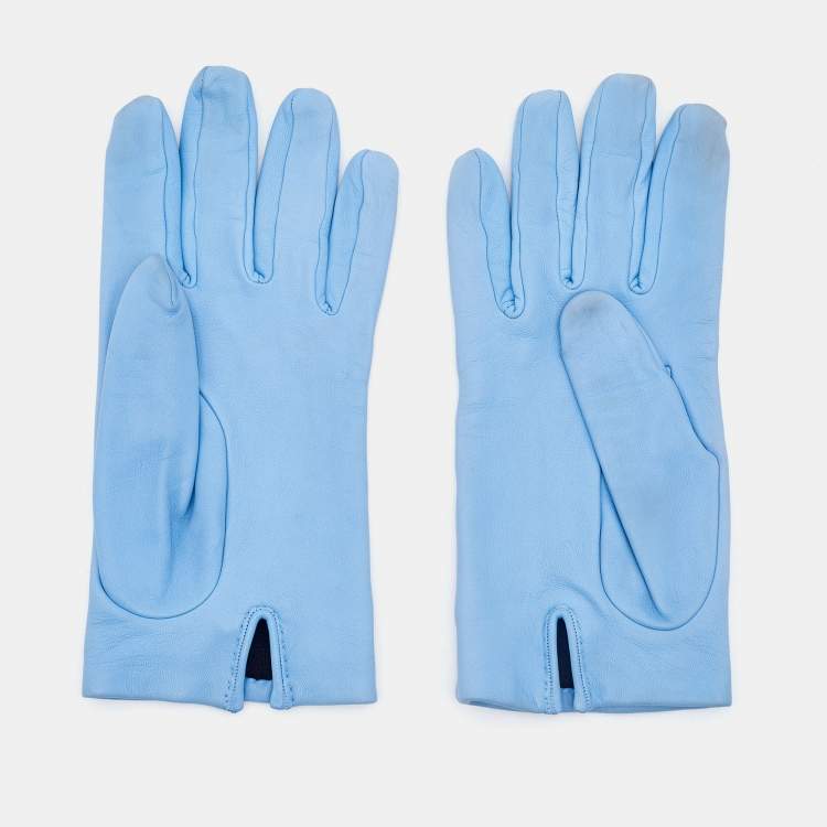 Pre Owned Hermès Blue Leather Medor Stud Gloves Size 7.5