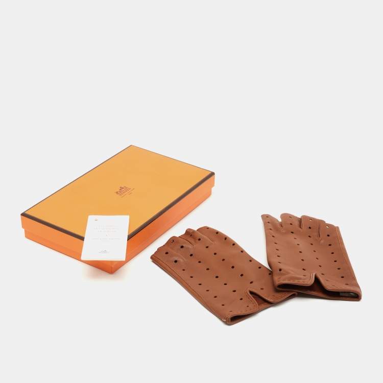 Pre Owned Hermes Brown Leather Perforated Fingerless Gloves Size 8