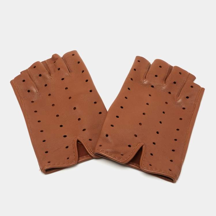Pre Owned Hermes Brown Leather Perforated Fingerless Gloves Size 8