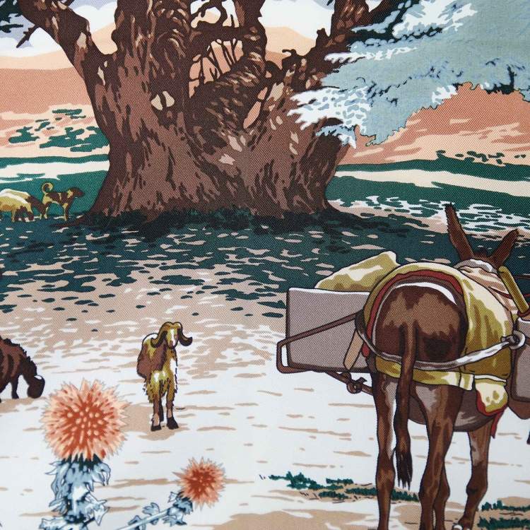 Pre Owned Hermes Brown Sous Le Cedre Printed Silk Square Scarf