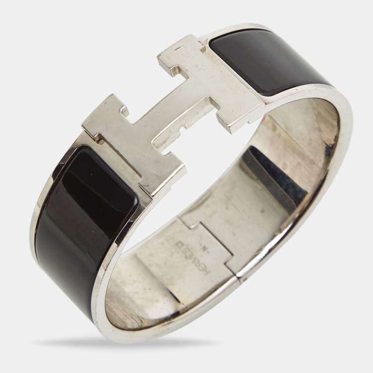 Pre Owned Hermès Black Enamel Palladium Plated Clic Clac H Bracelet