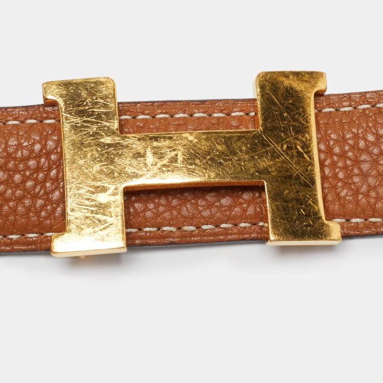 Pre Owned Hermes Black/Gold Togo and Box Leather Constance Reversible Belt 90CM
