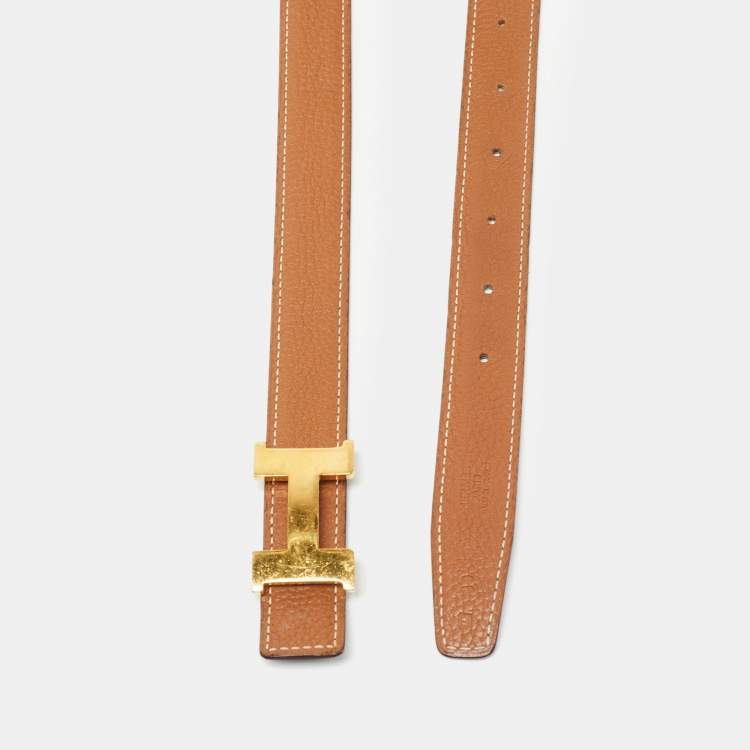 Pre Owned Hermes Black/Gold Togo and Box Leather Constance Reversible Belt 90CM